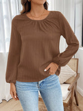 EMERY ROSE Women Solid Color Round Neck Long Sleeve Pleated Loose Casual Blouse, Autumn